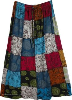 Printed Patchwork Summer Skirt - A summer floral square cut patchwork skirt, a fantastic new look for this season. An everyday fun hem hippie boho gypsy skirt. The patches are sown together on the outside to give it a three dimensional effect (see detailed picture). The soft cotton is light weight but not sheer, perfect for summer to go along with strappy sandals and any color of tank tops. The elastic and drawstring on the waist ties to the side and gives the skirt flexibility across many sizes Bohemian Style Clothing, Hippie Skirts, Bohemian Skirt, Hippie Look, Trendy Skirts, Patchwork Skirt, Wrap Around Skirt, Floral Squares, Boho Skirts