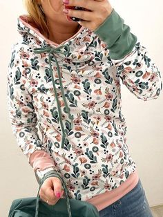 Vintage Floral Leaves Printed Paneled Hoodie Color-block Long Sleeve Casual Sweatshirt Floral Leaves, Khaki Fashion, Fall Hoodies, Vintage Hoodies, Floral Stripe, Unique Designers, Casual Pullover, Plus Size Casual