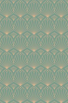 an art deco wallpaper pattern with fan shapes in gold and green colors on a blue background