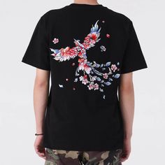 Phoenix Shirt – Kidoriman Black Embroidered T-shirt For Summer, Summer Cotton Tops With Bird Print, Casual Black Shirt With Floral Embroidery, Casual Bird Print Tops For Summer, Casual Summer Tops With Bird Print, Black Floral Embroidery Crew Neck T-shirt, Black Floral Embroidered T-shirt For Summer, Black Embroidered Shirt For Spring, Spring Black Embroidered Shirt