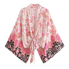 wickedafstore Pink / S Athena Boho Cropped Kimono Spring Cotton Kimono For Beach Cover-up, Multicolor Floral Print V-neck Kimono, Multicolor V-neck Kimono With Floral Print, Cotton V-neck Kimono With Floral Print, V-neck Printed Kimono For Festivals, Pink Floral Print Kimono For Beach Cover-up, Hippie Kimono For Spring, Casual V-neck Kimono With Boho Print, Summer Hippie V-neck Kimono