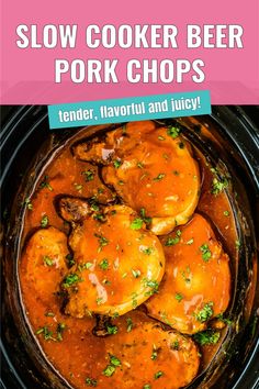 slow cooker beef pork chops recipe in a crock pot with text overlay