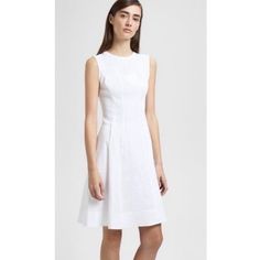 White Tea Dress By Theory Sleeveless Brand New With Tags Never Worn Length 37.5” No Stains, Rips Or Pulls Classic Sleeveless Linen Dress, Classic White A-line Sleeveless Dress, Classic White Sleeveless Summer Dress, Fitted Linen Sleeveless Dress For Daywear, Classic Sleeveless Sheath Dress For Spring, Fitted Sleeveless Linen Dress Elegant, White Fitted Linen Sleeveless Dress, Elegant Fitted Linen Sleeveless Dress, Classic White Sleeveless Dress For Spring