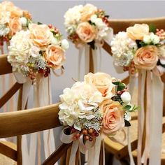 wedding bouquets are arranged on the back of chairs