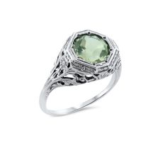 Vintage Estate Natural Green Amethyst Solitaire Filigree Ring. Floral Designs. 925 Solid Sterling Silver. The Top Of The Ring Measures 10.5mm Just Over 3/8 Inches At The Widest Point, Set With One Round Faceted 7mm Natural Green Amethyst Stone. Stamped 925. Excellent Condition/Like New. Classic Amethyst Birthstone Ring In White Gold, Classic Green Amethyst Ring Gift, Classic Green Amethyst Ring As Gift, Classic Sterling Silver Signet Ring With Accent Stones, Classic Green Amethyst Ring For Gift, Formal Sterling Silver Birthstone Ring, Silver Sapphire Ring With Accent Stones For May Birthstone, Sterling Silver Signet Ring With Accent Stones, Classic White Gold Crystal Ring With Birthstone