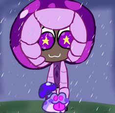 a cartoon girl with purple hair and stars on her eyes is standing in the rain