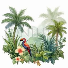 a tropical scene with palm trees, flowers and a toucan