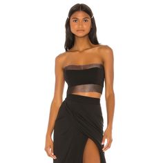 Self: 97% Poly, 3% Spandex Lining: 100% Poly Dry Clean Only Crepe And Netted Fabric Back Hook And Eye Closure Made In Usa Measurements Pit To Pit: 14 In Length: 7 In No Flaws. Never Worn. Excellent Condition. Tags Still Attached! Black Cropped Tube Top With Built-in Bra, Evening Bandeau Crop Top With Built-in Bra, Seamless Cropped Tube Top For Night Out, Evening Bandeau Tube Top, Seamless Stretch Tube Top For Party, Bandeau Tube Top For Date Night, Black Stretch Bandeau Crop Top, Fitted Bandeau Crop Top For Club, Chic Seamless Tube Top For Night Out