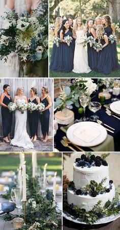 a collage of photos showing different types of wedding cakes and desserts with greenery on them