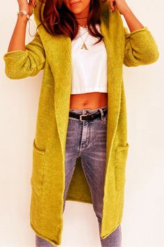 Mid-length Hooded Knitted Coat Trendy Knit Outerwear With Pockets, Warm Green Outerwear For Fall, Winter Knit Sweater Coat In Solid Color, Cozy Green Knit Outerwear, Long Winter Sweater Coat With Pockets, Long Knitted Outerwear For Cold Weather, Long Sweater Coat With Pockets For Winter, Cozy Knit Stretch Outerwear, Casual Long Knitted Outerwear