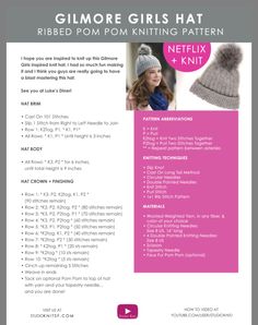 the knitting pattern for gitmore girls hats is shown in pink and white, with text