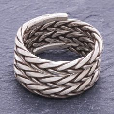 Thailand's Pakaon Sojintarit crafts a subtle statement piece for everyday wear in this classic ring. The artisan crafts a thick band from oxidized sterling silver using a woven motif that adds an intriguing textural element to the deceptively simple ring. Handmade Adjustable Sterling Silver Bands, Sterling Silver Rings With Oxidized Finish Wide Band, Sterling Silver Wide Band Ring With Oxidized Finish, Artisan Ring With Oxidized Finish, Art Necklaces, Simple Ring, Craft Jewelry, Sterling Silver Rings Bands, Silver Choker