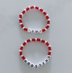 Show your school pride and complete your game day outfit with a custom scarlet red and white beaded bracelet for Indiana University! Casual Red Personalized Name Bracelet, Personalized Red Casual Jewelry, Personalized Red Stretch Bracelet, Casual Style, Personalized Red Casual Wristband, Personalized Casual Red Jewelry, Casual Personalized Red Jewelry, Red Personalized Casual Wristband, Customized Red Casual Jewelry, Customized Casual Red Jewelry