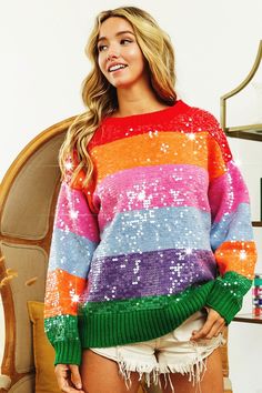 CLEAR SEQUIN ALLOVER MULTI COLORS SWEATER Multicolor Knit Tops With Ribbed Cuffs, Winter Color Block Crew Neck Sweater, Cozy Multicolor Winter Tops, Multicolor Crew Neck Sweater For Winter, Winter Multicolor Sweater With Ribbed Cuffs, Multicolor Winter Sweater With Ribbed Cuffs, Multicolor Winter Sweater With Color Matching, Multicolor Long Sleeve Sweater With Ribbed Cuffs, Cozy Multicolor Long Sleeve Tops