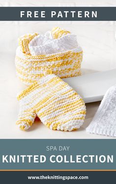 the knitted baby mitt pattern is shown with text that reads, free pattern spa day knitted collection