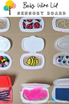 an assortment of baby wipes in plastic containers on top of a cardboard box with text overlay that reads, baby wipe lid sensory board