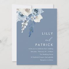 a blue and white floral wedding card