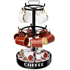 a coffee stand with cups and saucers hanging from it's sides on a white background