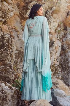 Buy Blue Silk Chiffon Embroidery V Neck Riviera Kurta Sharara Set For Women by Dolly J Online at Aza Fashions. Chiffon Kurta, Dolly J, Asymmetric Kurta, Chiffon Embroidery, Mukaish Work