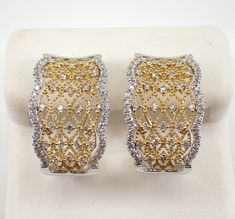 Yellow and White Gold Diamond Earrings. These earrings are set with sixty-two natural Round Brilliant Diamonds in EACH earring. These Diamonds are H color, SI clarity and amount to a total weight of 3/4 carat. These earrings are 10k Two Tone Gold, weigh 4.6 grams and measure 20 X 12.5 mm. These earrings are for pierced ears and the earrings have secure Omega clasps. These earrings will be accompanied by an appraisal written by a GIA Certified Diamond Grader with the retail replacement value of $ Filigree Hoop Earrings, Yellow Gold Diamond Earrings, White Gold Diamond Earrings, Gold Diamond Earrings, Brilliant Diamond, Fine Jewellery Earrings, Pierced Ears, White Gold Diamonds, Round Brilliant