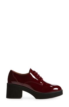 Give a little lift to your officewear-inspired footwear with this polished derby elevated by a chunky block heel and platform. 2 1/4" heel; 3/4" platform Lace-up style Leather or textile upper/leather lining/rubber sole Imported Chunky Block Heels, Fabric Gift Bags, Nordstrom Store, Office Wear, Eileen Fisher, Up Styles, Gift Bag, Bordeaux, Derby