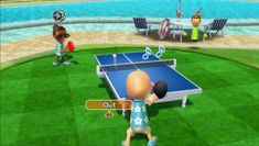 an animated image of two people playing ping - pong on the grass in front of a pool