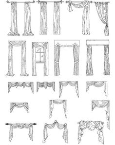 various types of curtains and drapes drawn in pencil on white paper with black ink