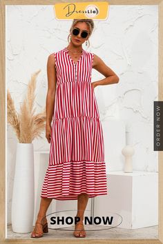 V-neck Striped Button Stitching Dress Spring Dress With Buttons And Notched Neckline, V-neck Button Dress For Vacation, Vacation V-neck Dress With Buttons, Casual V-neck Midi Dress With Buttons, V-neck Beach Dress With Button Closure, Summer Dress With Notched Neckline And Button Closure, Red V-neck Dress With Buttons, V-neck Maxi Dress With Button Closure For The Beach, Red Button-up Dress For Vacation