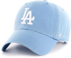 the los angeles dodgers baseball cap is light blue with white lettering on it and has a logo