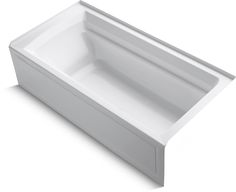 the bathtub is white and has a long, rectangular tub with an extended side panel