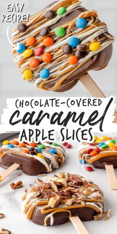 chocolate covered caramel apple slices on popsicle sticks, decorated with candy and nuts Caramel Apple Slices, Caramel Apples Recipe, Dessert Oreo, Thanksgiving Menu Ideas, Halloween Food Treats, On A Stick, Halloween Desserts, Thanksgiving Menu, Caramel Apple