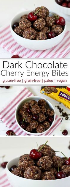 chocolate cherry energy bites in a white bowl with cherries on top and the words dark chocolate cherry energy bites