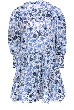 Looking for a fabulous frock this summer? Look no further than this stylish white and blue floral dress from MISA Los Angeles! With long sleeves and gorgeous colors, you'll be turning heads when you style with a strappy sandal. Look good and feel great! Size S Made in USA 51% Rayon, 49% Cotton Unlined Drawstring neckline Long sleeves Bust 43" Waist 44" Shoulder to hem 34" Sleeve length 23.5" Blue Floral Long Sleeve Flowy Dress, Long Sleeve Cotton Mini Dress For Garden Party, Spring Floral Long Sleeve Dress For Daywear, Long Sleeve Floral Dress For Spring Daywear, White Long Sleeve Floral Dress For Summer, Blue Long Sleeve Floral Dress For Garden Party, Blue Long Sleeve Dress For Garden Party, Long Sleeve Cotton Mini Dress With Floral Print, Blue Fitted Floral Dress With Long Sleeves