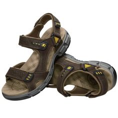 Camel Crown men's leather sandals are made of high-quality First layer leather and stretch fabric material, which is breathable and skin-friendly. The open toe leather sandals have 3 adjustable velcro straps with hook and loop closure for easy on and off. The openings toe allow for better air circulation to keep your feet comfortable.The beach shoes is heel strap adjusts quickly and fully for the perfect fit. The ergonomic arch support relieves the pressure on the soles of the feet and the disco Mens Sandals Beach, Mens Sandals Fashion, Mens Slide Sandals, Runners Shoes, Athletic Sandals, Mens Leather Sandals, Water Sandals, Hiking Sandals, Beach Sports