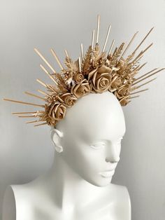 Sunburst Gold Halo Crown with gold flowers. The height of the composition is 6 inches (13 cm) The size of this headdress is universal for adult person. It sits soft and comfortable on the head and you can dance and move a long time. Shipping time of the items located in the USA stock typically takes 1-4 business days in the USA. For any questions please mail me, i'll be very happy to help you . See all of my shop: https://www.etsy.com/shops/Vetochka4U See more accessories in instagram https://ww Wedding Halo Headband, Sun Headband, Woodland Fairy Crown, Fall Crown, Woodland Crown, Girls Halo, Rose Headpiece, Flower Girl Halo, Frozen Art