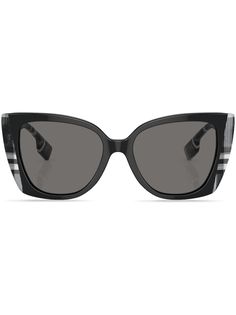 black acetate grey tinted lenses cat-eye frame logo print at the arm straight arms curved tips These glasses come with a protective case. Black Cat Eye Sunglasses With Gradient Lenses, Classic Black Cat Eye Sunglasses With Uva Protection, Black Cat Eye Sunglasses With Tinted Lenses, Black Cat Eye Sunglasses With Uv Protection, Classic Black Cat Eye Sunglasses, Burberry Eyewear, Frame Logo, Eye Frames, Cat Eye Frames