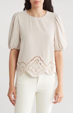 Charming puff sleeves frame this top that's bordered with airy eyelets and scalloped trim. Back keyhole with button-and-loop closure Jewel neck Short sleeves 100% polyester Machine wash, line dry Imported Scalloped Trim, Jewel Neck, Woven Top, Adrianna Papell, Puff Sleeves, Nordstrom Rack, Puff Sleeve, Shirt Blouses, Top Blouse