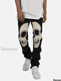 Russoo - Mens Casual Denim Pants with Halloween Skull Print, Featuring Hip Hop Street Style Skull Print Cotton Bottoms For Streetwear, Cotton Pants For Halloween Streetwear, Casual Black Skull Print Bottoms, Casual Black Pants With Skull Print, Casual Black Bottoms With Skull Print, Casual Pants For Streetwear And Halloween, Halloween Streetwear Black Pants, Black Pants For Halloween Streetwear, Punk Bottoms With Skull Print For Halloween