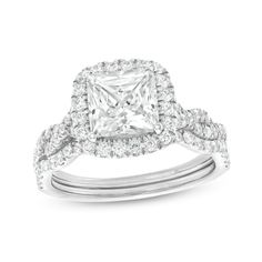 Mark the beginning of your lifetime of love with this elegant certified princess-cut lab-created diamond twist bridal set in white gold. Fashioned in 14K white gold The engagement ring showcases a 2 ct. certified princess-cut lab-created diamond boasting a color rank of I and clarity of Si2. Lab-created diamonds sparkle along the cushion-shaped frame and the twist ribbons of the shank. A contoured wedding band adds a final layer of shimmering lab-created diamonds to the look. Includes certificat Wedding Radiant Cut Lab Grown Diamond Jewelry, Square Cut Diamond Ring For Wedding, Wedding Square-cut Platinum Diamond Ring, Fine Jewelry Square Cut Diamond Ring For Wedding, Wedding Square Cut Platinum Diamond Ring, Elegant Princess Cut Diamond Bridal Sets, Square Cut Platinum Wedding Diamond Ring, Cubic Zirconia Bridal Set With Princess Cut Center Stone, Princess Cut Cubic Zirconia Bridal Set With Center Stone