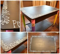 three different pictures of a table with writing on the top and bottom, along with an image of a coffee table