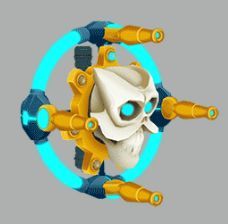 an image of a robot that is in the middle of a circular frame with blue and yellow accents