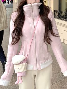 American Style Retro Solid Polar Fleece Double Warm Jacket Women Slim Waist Y2k High Neck Coat New Polar Jacket, High Neck Coat, Pretty Pink Things, Christmas Fashion Outfits, Coquette Winter, Clothes Pajamas, Comfy Jackets, Sets Outfit, Cozy Outfits