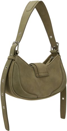 Nubuck shoulder bag in khaki. · Adjustable and detachable padded shoulder strap · Pin-buckle detailing at magnetic press-stud tab · Zip closure · Patch pocket at interior · Faux-suede lining · Logo-engraved silver-tone hardware · H5.75 x W11 x D3 Supplier color: Marena khaki Olive Leather Shoulder Bag With Detachable Strap, Green Leather Shoulder Bag With Snap Closure, Silver Engraving, In Depth, Nubuck Leather, Press Studs, 11 Inches, Faux Suede, Patch Pocket