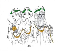 three women dressed in white with green leaves on their head and one holding a knitting needle