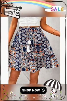 Navy Blue Bohemian Print Lace-up Summer Skirt Bohemian Mini Skirt For Summer Vacation, Summer Vacation Bohemian Mini Skirt, Bohemian Spring Mini Skirt For Vacation, Bohemian Mini Skirt For Spring Vacation, Spring Bohemian Mini Skirt, Blue Ruffled Summer Skirt, Blue Ruffled Skirt For Summer, Blue Bohemian Long Skirt, Blue Ruffled Mini Skirt For Vacation