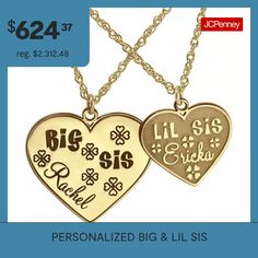 There is no greater relationship than that between two sisters. Be reminded of this bond with these personalized heart pendant necklaces engraved with "Big Sis" and "Lil Sis."Closures: Spring-ringPendant Sizes: Big Sis 21x21mm, Lil Sis 15x17mmPersonalize: Up to 8 letters per heart pendant# Pieces In Set: 2Included: 2 Necklace(s)Features: Family Jewelry, Personalized, EngraveableShape: HeartMetal Color: YellowChain Length: 18 InchChain Width: .85 MillimetersChain Construction: RopeCare: Wipe Cle… Big Sis And Lil Sis, Big Lil, Family Jewelry, 2 Necklace, Name Pendant, Long Rope, Lil Sis, Family Jewellery, Big Sis