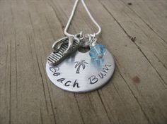 Inspiration Necklace Beach Bum with flip by JennsHandmadeJewelry, $22.00 Personalized Fun Beach Jewelry, Beach Necklace, Beach Necklaces, Charm Necklaces, Beach Bum, Flip Flop, Swarovski Crystal, Washer Necklace, Charm Necklace