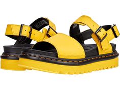 Dr. Martens Voss - Women's Sandals : Yellow : The Dr. Martens Voss sandal has a smooth, sleek style that will be a standout this summer! Soft Hydro leather or Brando leather upper. Two leather straps with adjustable metal buckles. Goodyear® welted construction provides durability with an upper and sole that are heat-sealed and sewn together. Soft, breathable man-made lining. Lightly cushioned man-made footbed provides underfoot comfort and support. Built on the super-lightweight Ziggy outsole wi Strapped Synthetic Sandals For Summer, Summer Strapped Sandals With Adjustable Straps, Strapped Sandals With Adjustable Straps For Summer, Yellow Slingback Sandals With Removable Insole, Adjustable Leather Sport Sandals For Summer, Spring Strapped Sandals With Adjustable Strap, Adjustable Strapped Synthetic Sandals, Spring Leather Sport Sandals With Removable Insole, Leather Slides With Buckle For Vacation