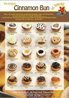 an advertisement for cinnamon buns with different flavors and toppings on it's side