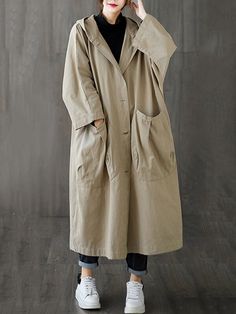 Uoozee Oversized Solid Outerwear With Pockets, Hooded Spring Outerwear With Pockets, Hooded Outerwear With Pockets For Spring, Oversized Solid Color Outerwear For Spring, Oversized Solid Color Spring Outerwear, Spring Oversized Solid Color Outerwear, Oversized Solid Outerwear For Spring, Casual Relaxed Fit Solid Color Outerwear, Spring Cotton Outerwear In Solid Color